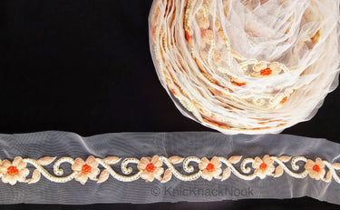 Beige Net Trim With Floral Embroidery, Pearl Beads Trim, Beaded Trim